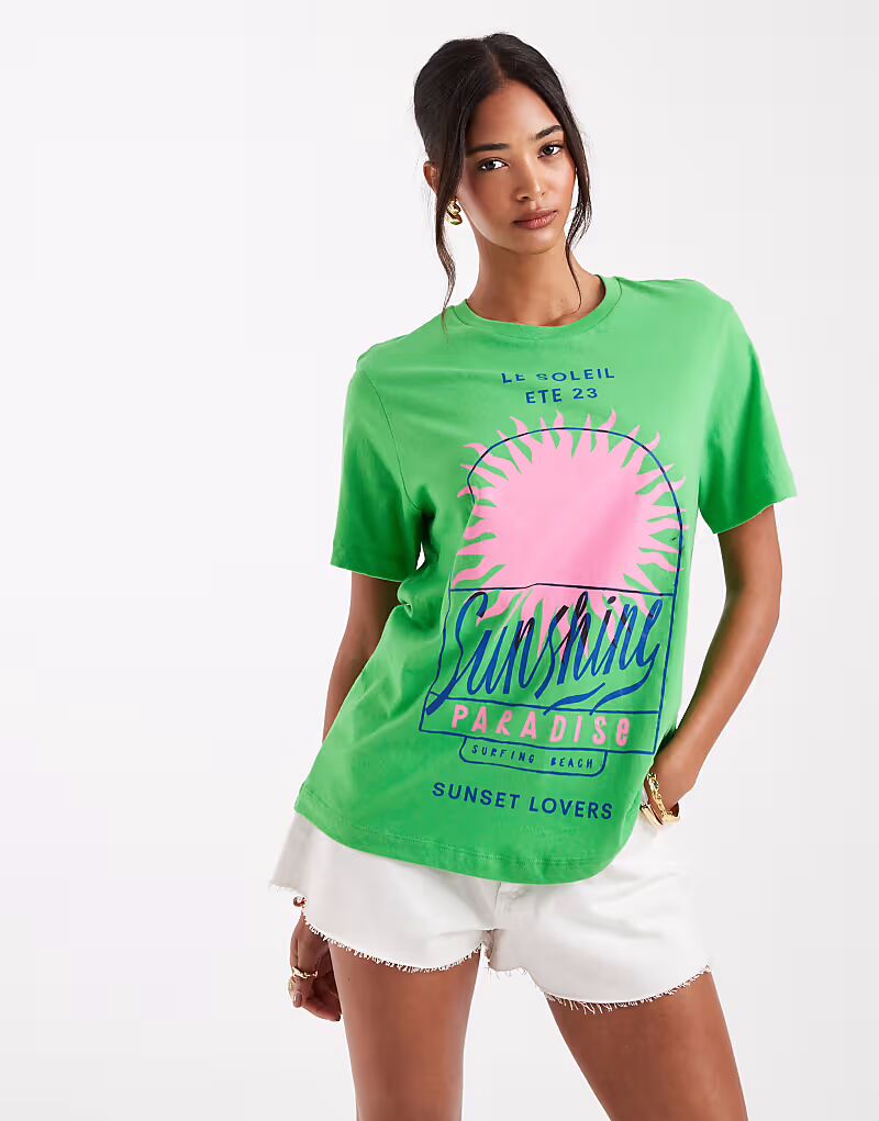 

Футболка прямого кроя из льна ASOS DESIGN с принтом в виде солнца зеленого цвета
