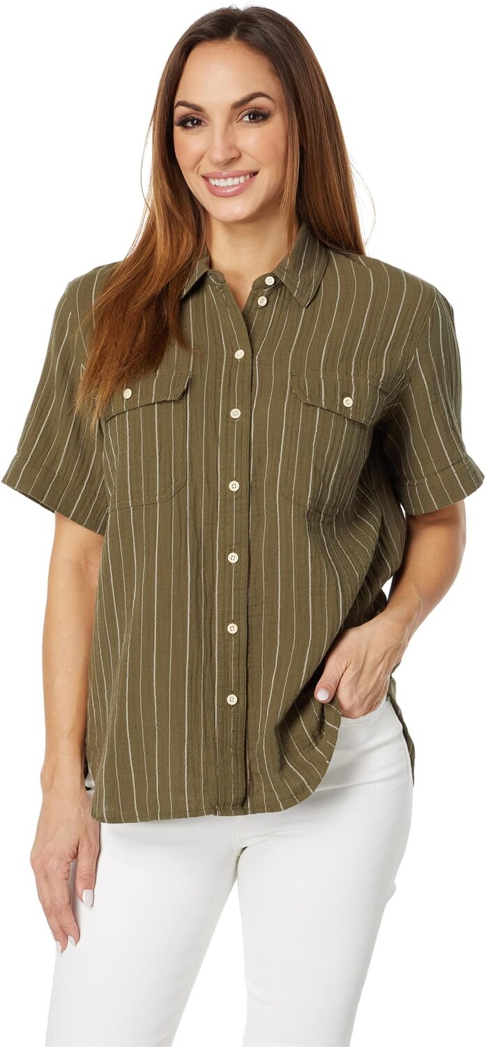 

Рубашка Madewell Lightspun Short-Sleeve Flap-Pocket Shirt in Stripe, цвет Kale