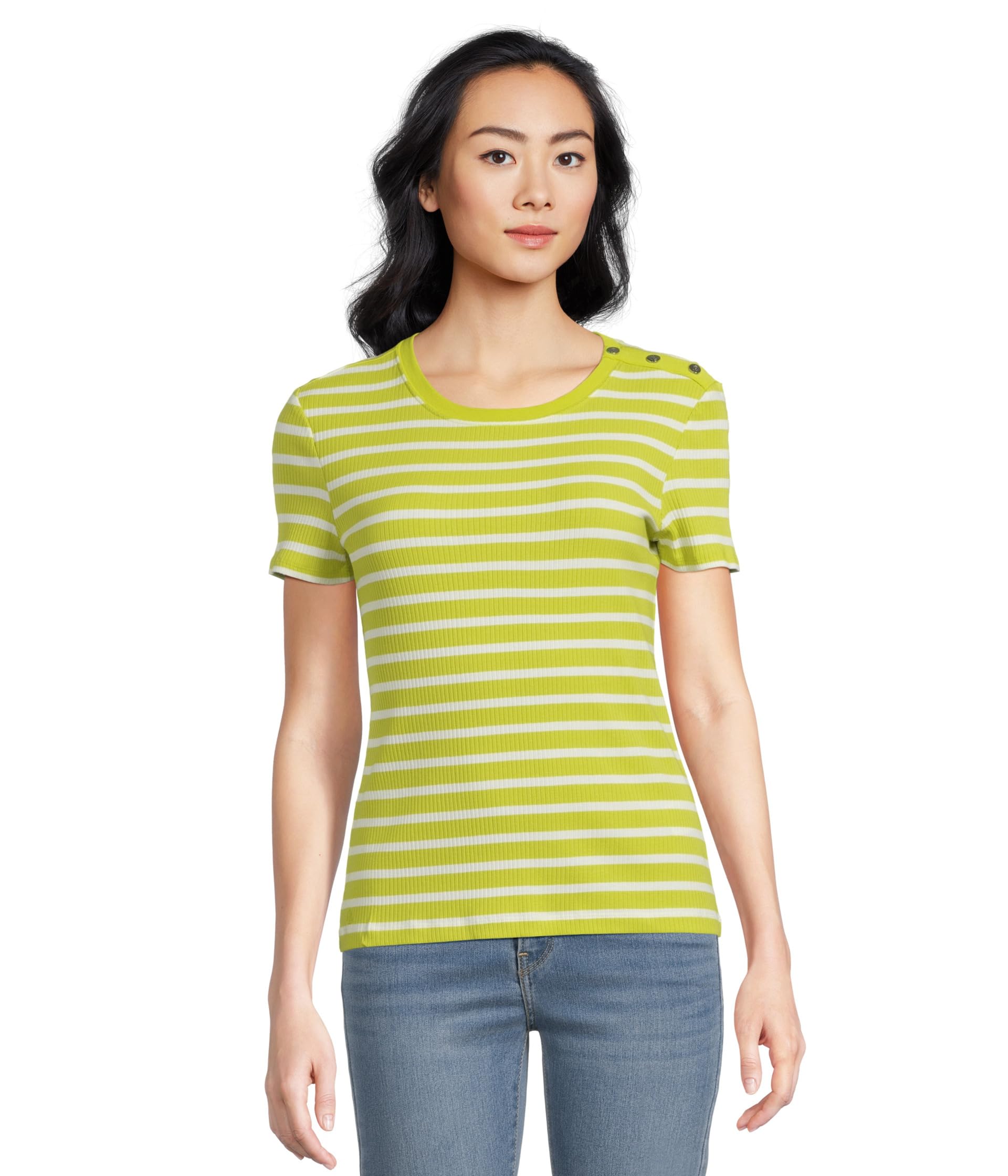

Футболка Lauren Ralph Lauren Striped Button-Trim Rib-Knit Tee, Lime Chartreuse/White