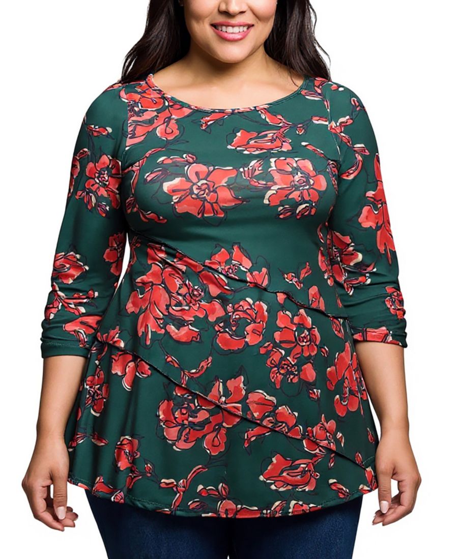 

Туника большого размера с цветочным принтом, зеленая, рукава три четверти 24seven Comfort Apparel, Orange Multi