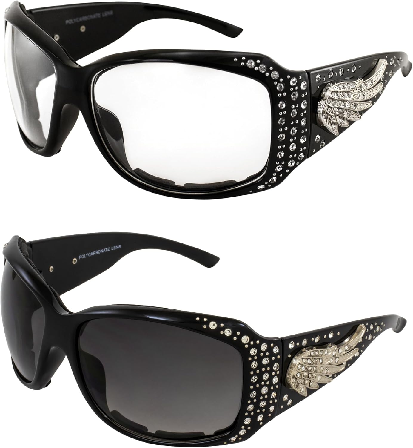 

Женские солнцезащитные очки Rodeo Queen Angel Plus с мягкой подкладкой для мотоциклистов, 2 пары, черная оправа, стразовая отделка, серебряные боковые вставки, прозрачные и градиентные дымчатые линзы, Black-clear/Smoke