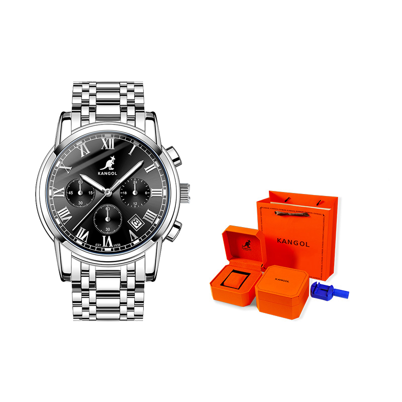 

KANGOL Часы Quartz Movement Metal Strap Watch Men's Watch Black Dial, Silver Case Black Dial
