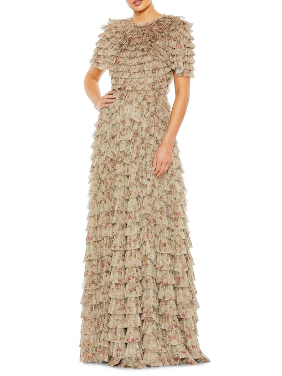 

Платье А-силуэта с цветочными оборками и ярусами Mac Duggal, цвет Ecru Multi