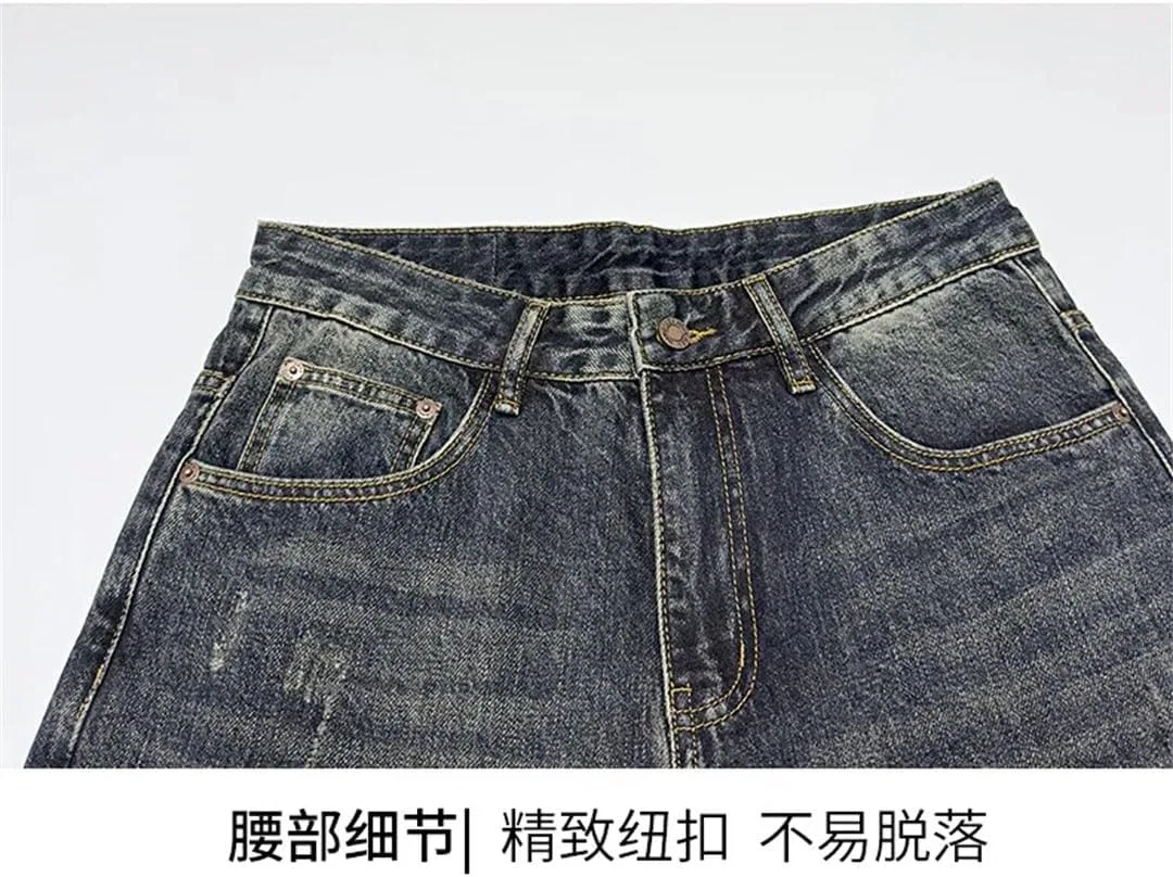 Джинсы потертые, Men's Vintage Frayed Edge Tapered Jeans Loose Fit Jeans, retro blue — фото 2