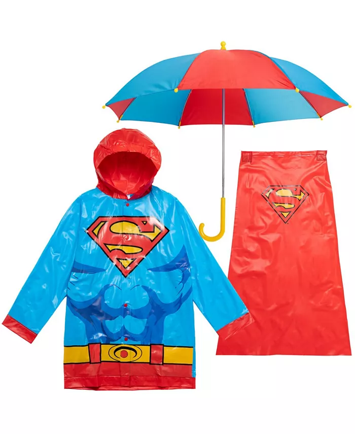 

Детский водонепроницаемый дождевик с плащом и зонтом DC Comics Superman Batman, комплект из 3 предметов Justice League, синий