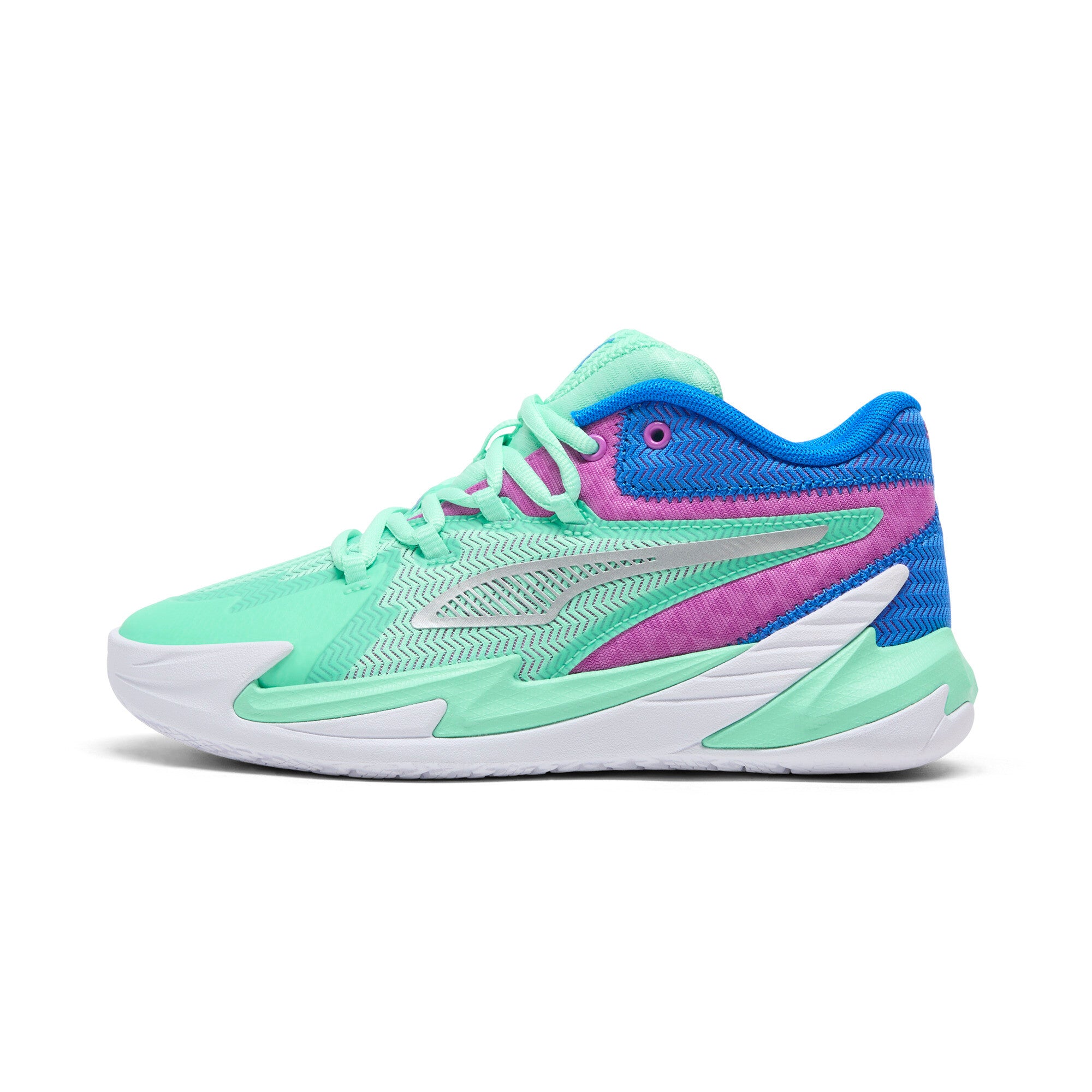 

Баскетбольные кроссовки PUMA Big Kids' Dagger, цвет green glimmer/pure magenta