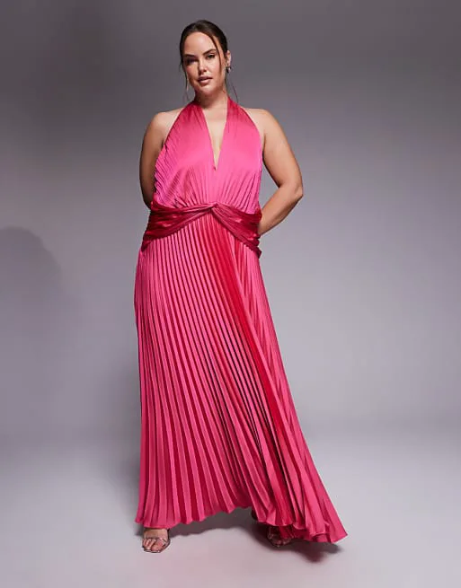 

Платье макси из плиссированного атласа с воротником-хомутом Forever New Curve розового цвета фуксии