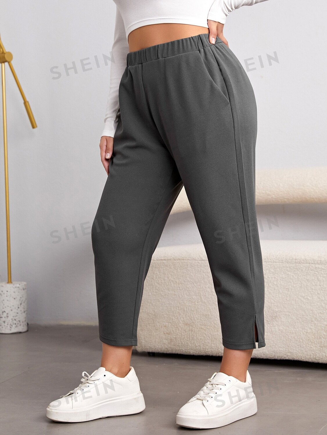 

EZwear Plus Узкие брюки, высокая талия, разрез внизу Shein, серый