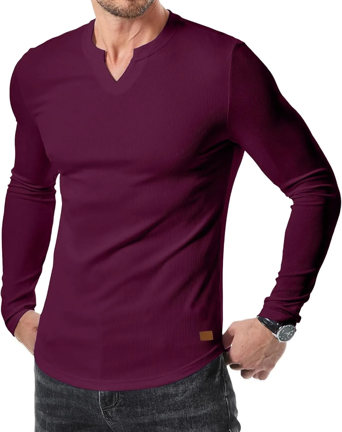 

Мужская футболка с длинным рукавом и V-образным вырезом, Slim Fit, Stretch