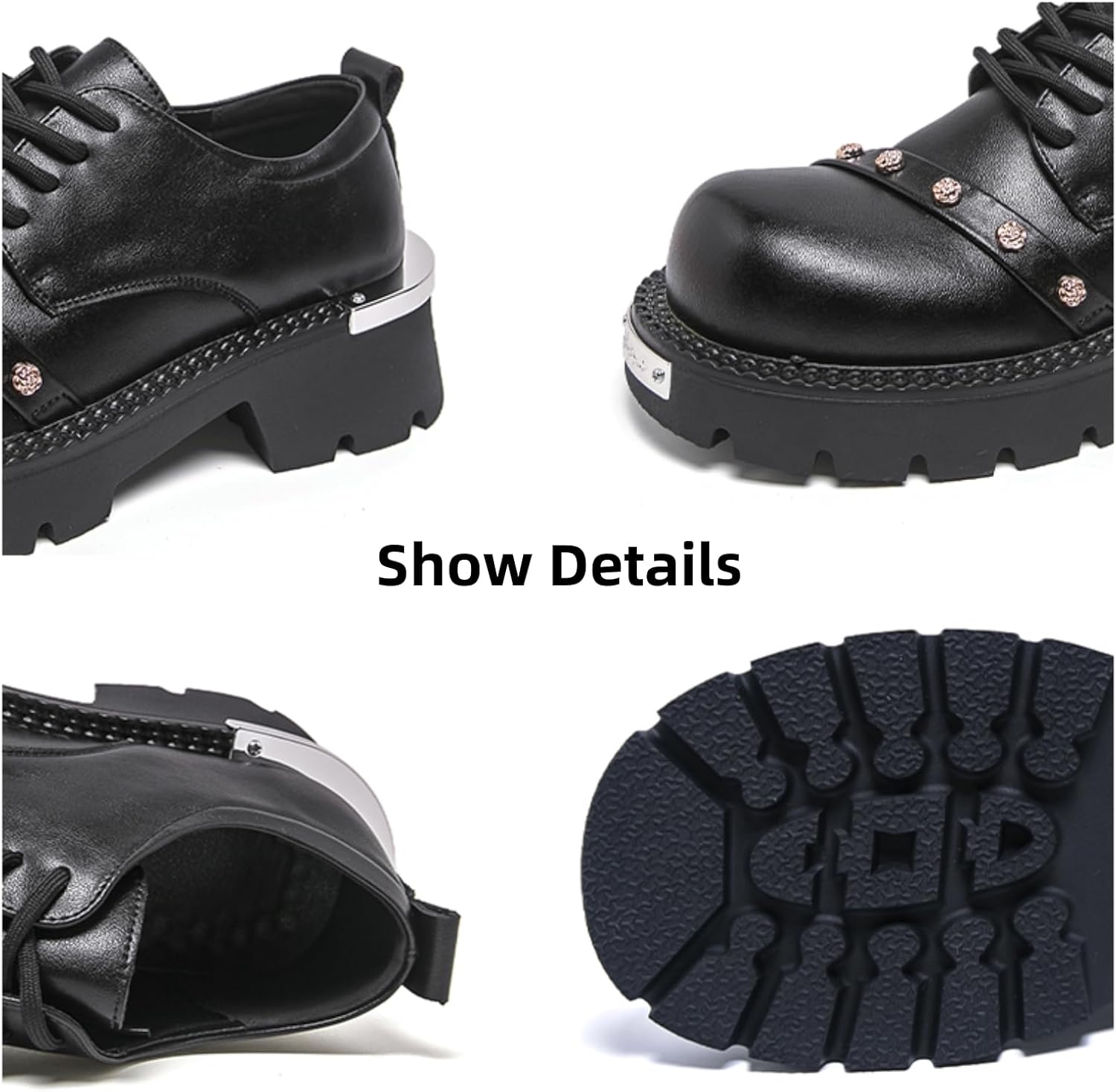 Мужские винтажные кожаные туфли Oxfords на платформе с заклепками, шнуровкой, круглым носком, официального стиля, комфортные, нескользящие, дышащие, для прогулок, офиса, свадеб, свиданий, вечеринок и повседневного ношения Yrzhgdl, черный — фото 2