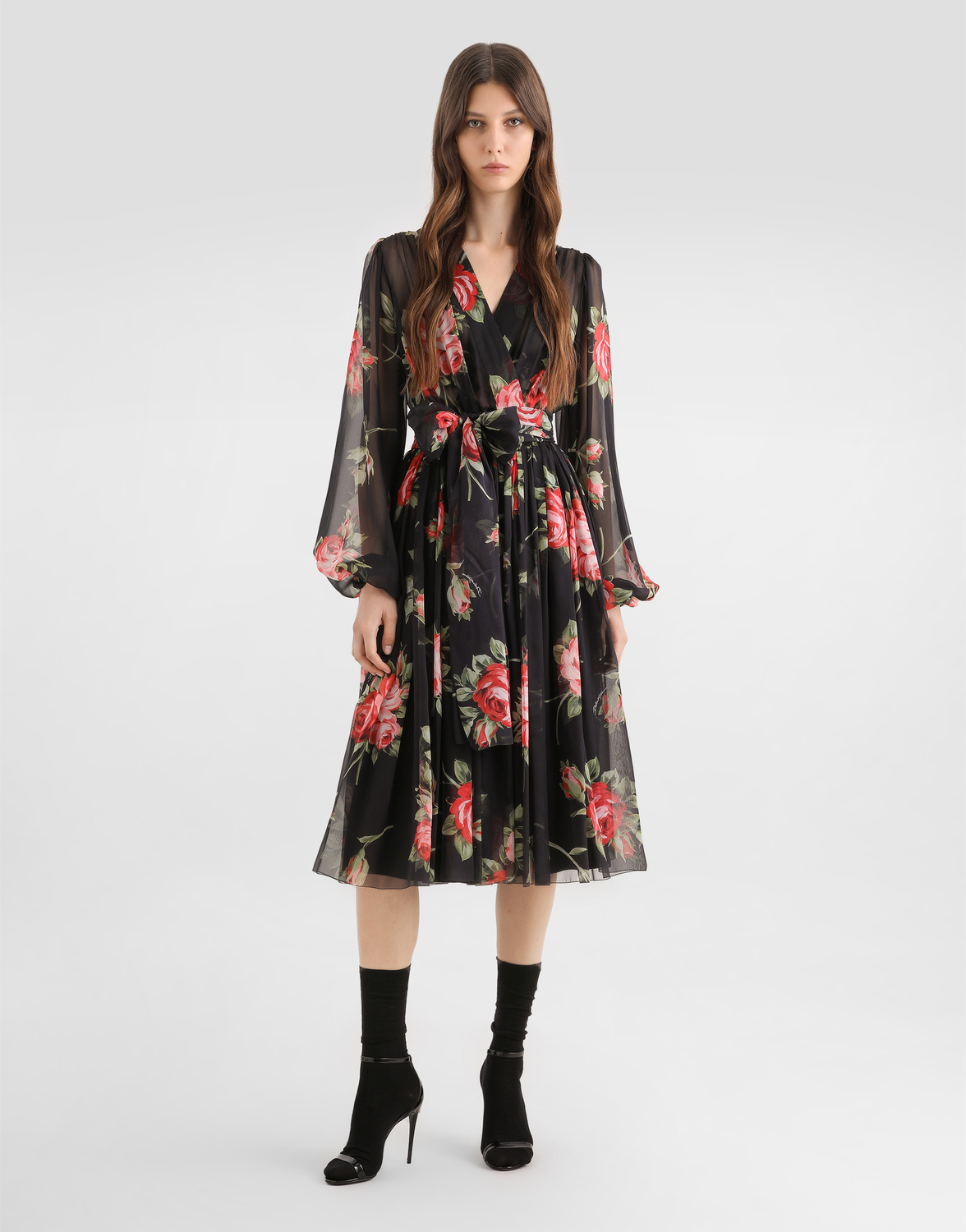 Шифоновое платье с принтом "букет роз" DOLCE & GABBANA, мультиколор — фото 2