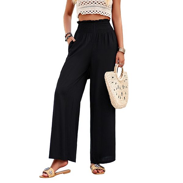 

Женские палаццо брюки - высокие широкие пляжные штаны, свободные летние брюки с карманами Seoria, Black