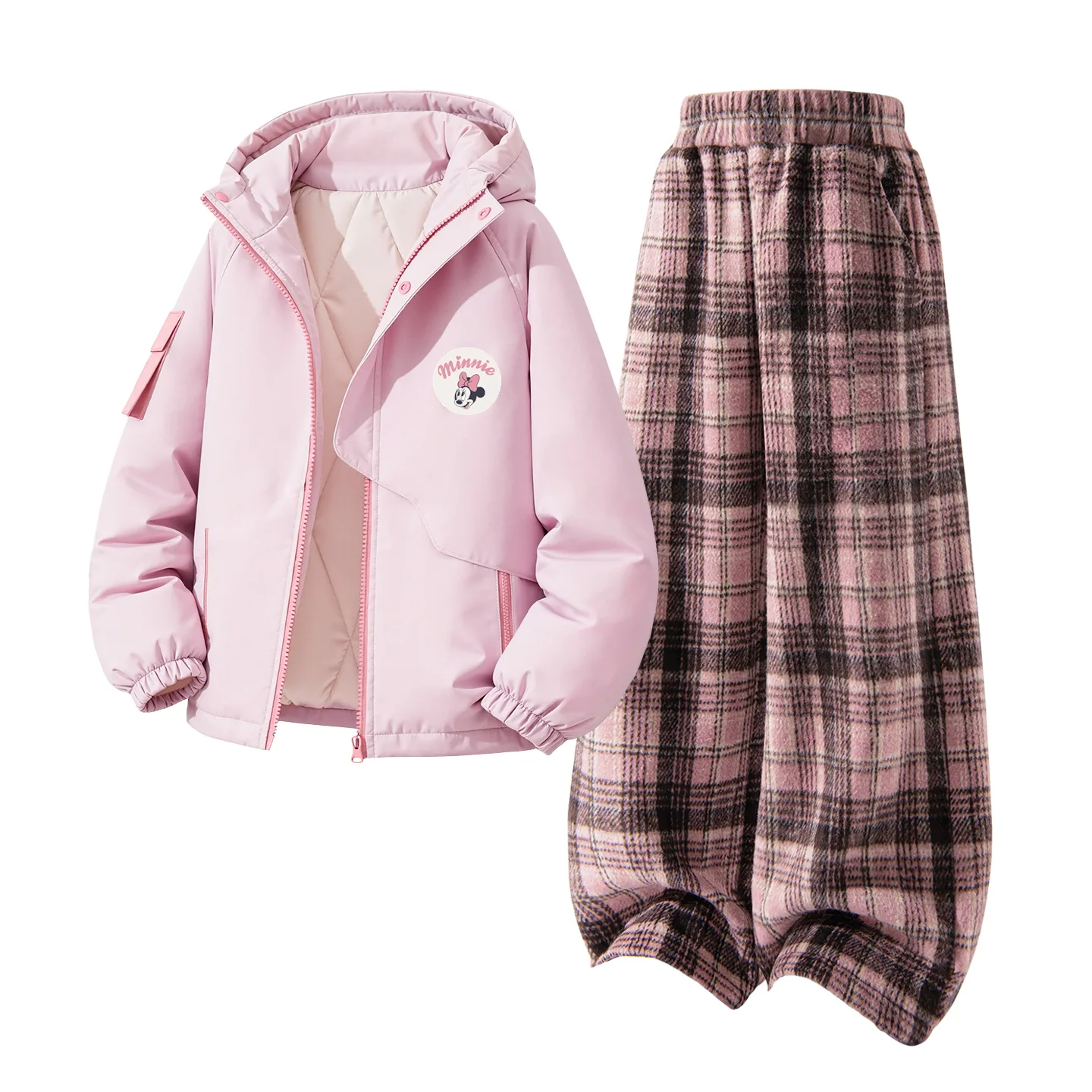 Детская толстовка с капюшоном для спорта и отдыха Disney, [Thickened and Fleece-Lined]Dini Round Hook-and-Loop K Rose Pink+Solid Color Pink Plaid