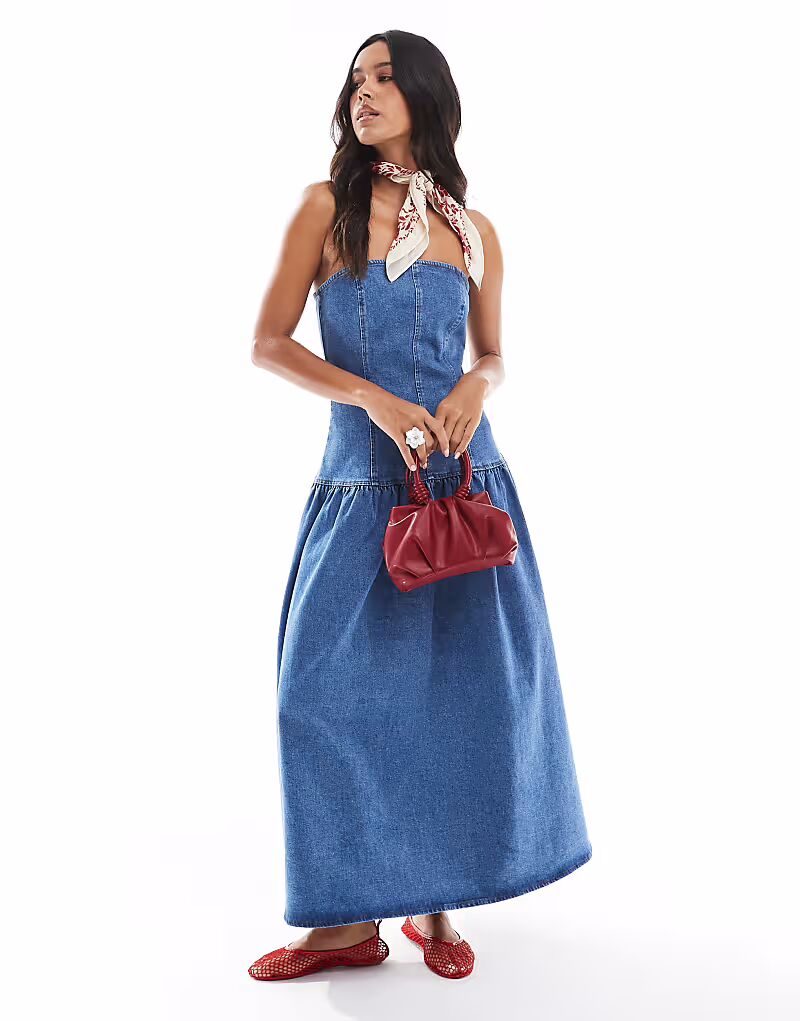 

Платье-бандо из джинсовой ткани миди с заниженной талией ASOS DESIGN, средне-синего цвета