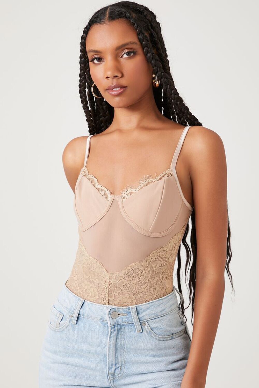 

Боди-бюстье с кружевом и ресницами Forever 21, мокка