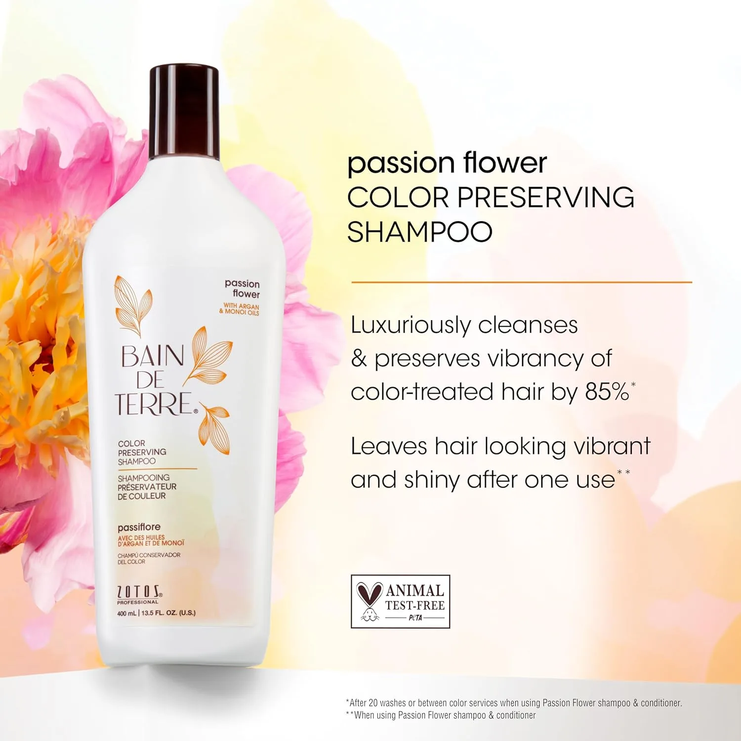 Шампунь Bain de Terre Passion Flower для сохранения цвета, для яркости цвета и защиты от выцветания, с аргановым маслом и маслом монои, без парабенов, веганский продукт. 399 мл (1 шт.) — фото 3