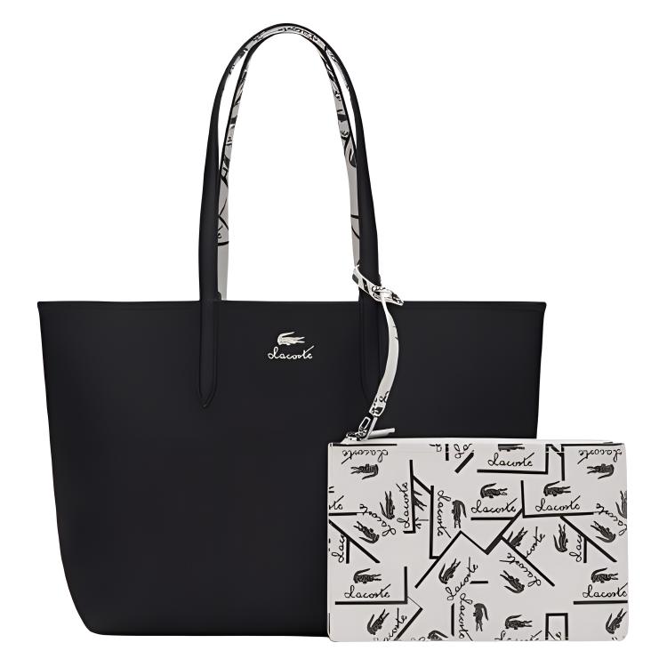 

LACOSTE ПВХ хозяйственная сумка большая женская черная и бежевая, Black & Ecru