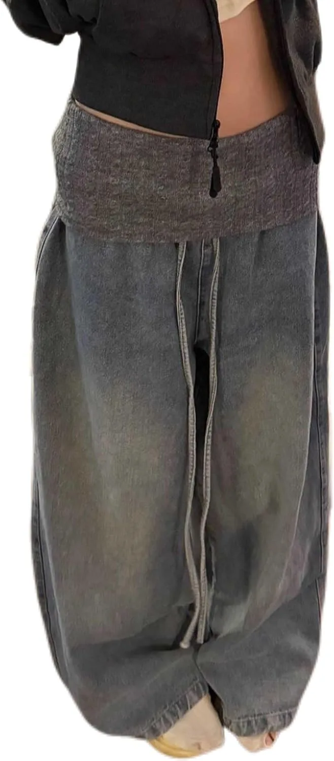 

Женские джинсы Paatchwork Casual Stretchy Denim Y2k Double Waist Loose Sagging Woujisy