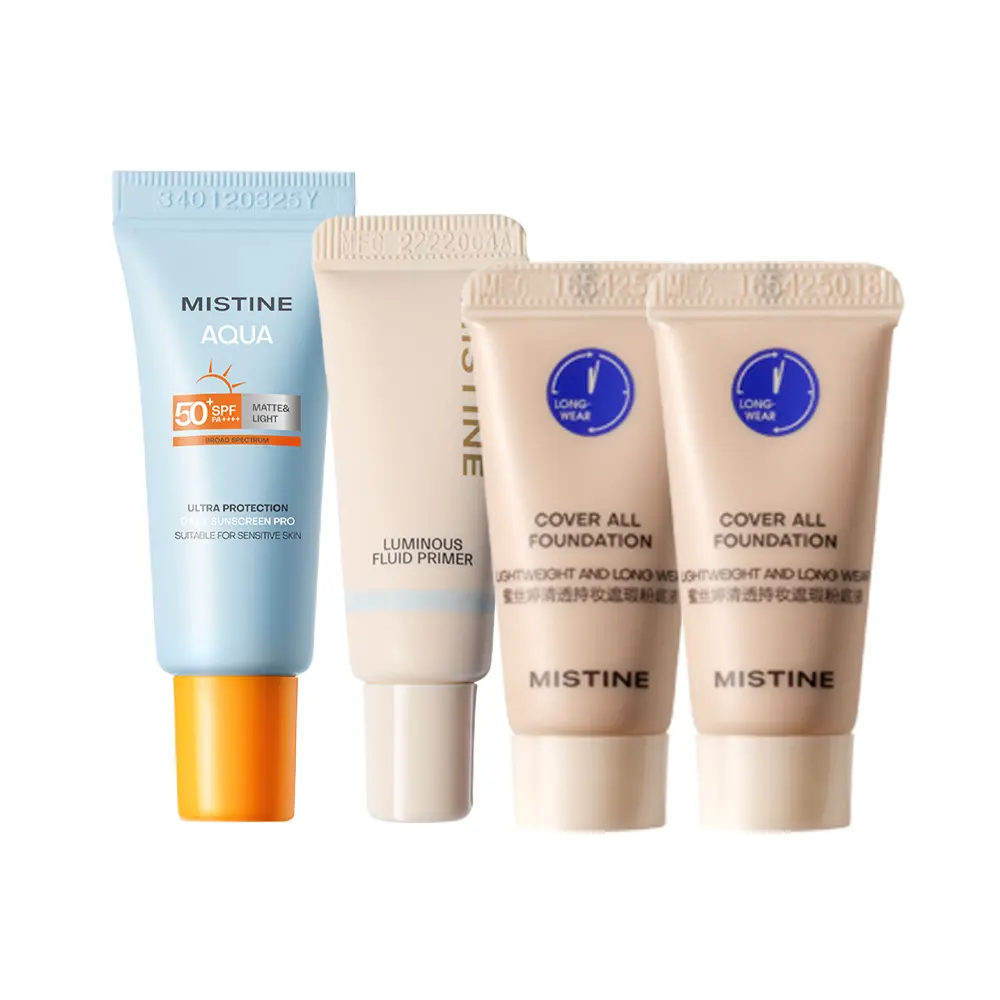 Набор Mistine: солнцезащитный крем Aqua Base Ultra Protection SPF50 + тональная основа Cover All Foundation NN120, 5 г*2 + праймер-флюид 02 — фото 2