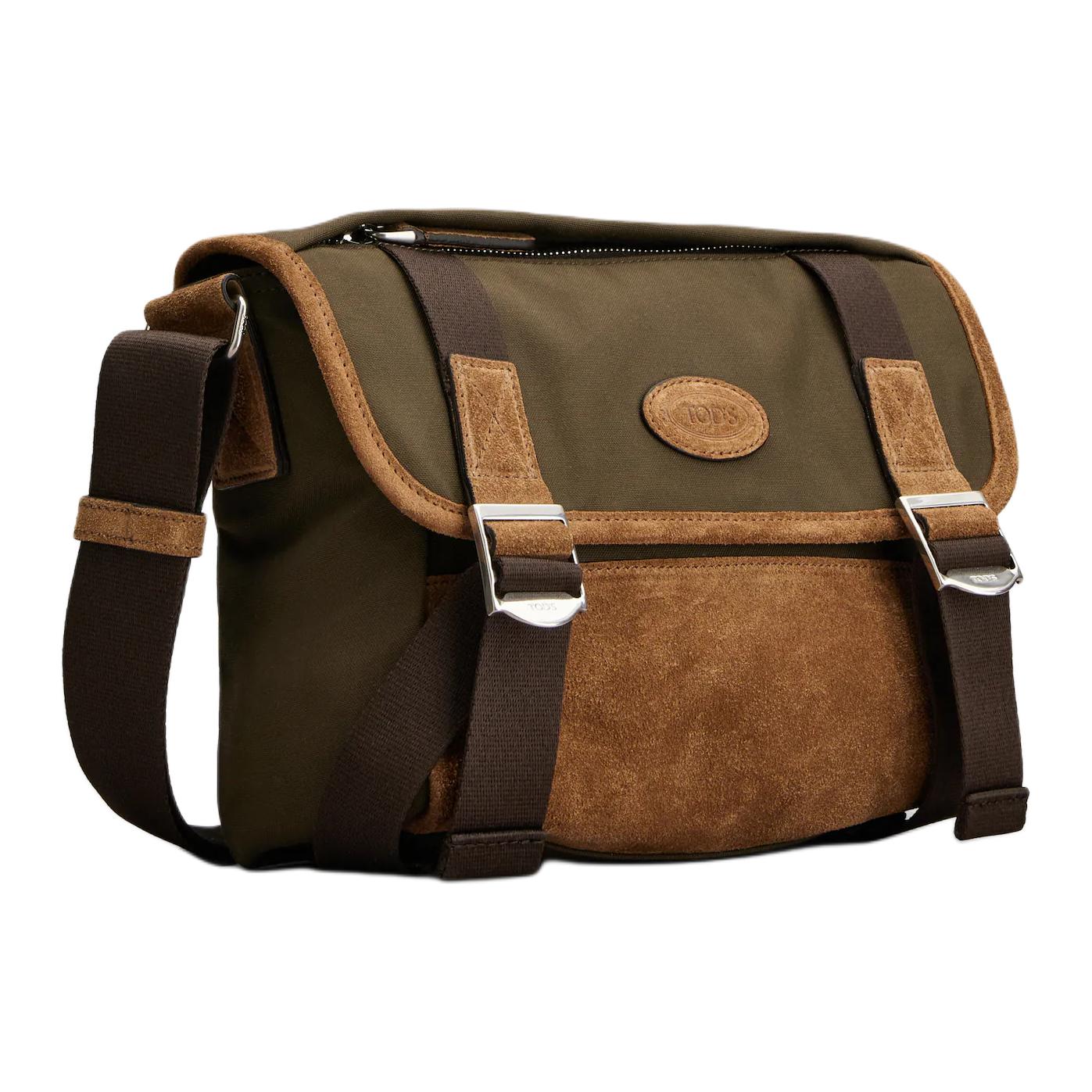 

TOD'S Сумка-мессенджер, мини-рюкзак из ткани, плюшевой замши и телячьей кожи для мужчин, зеленый и коричневый