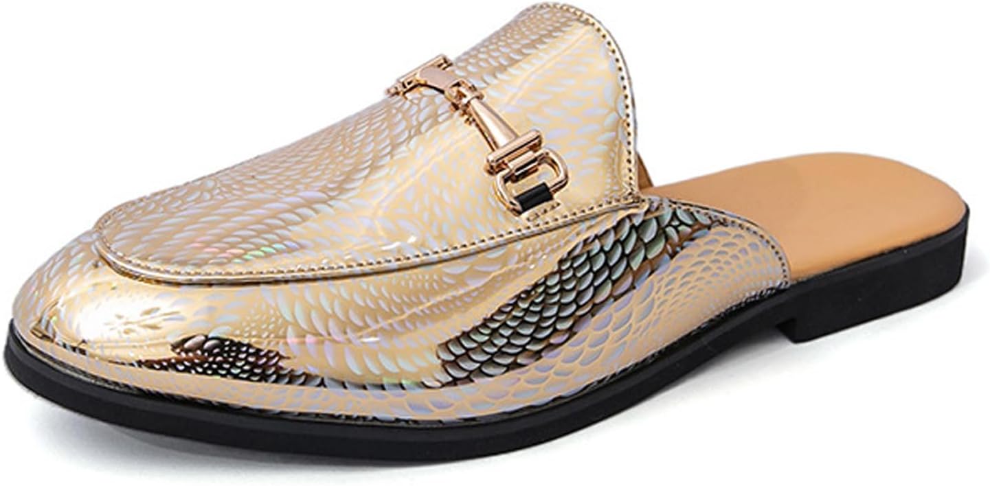 

Мужские лоферы MIKAZONNE из лакированной кожи без задника с металлической цепочкой, модные туфли-слипоны, мягкие, нескользящие повседневные сандалии, золотой