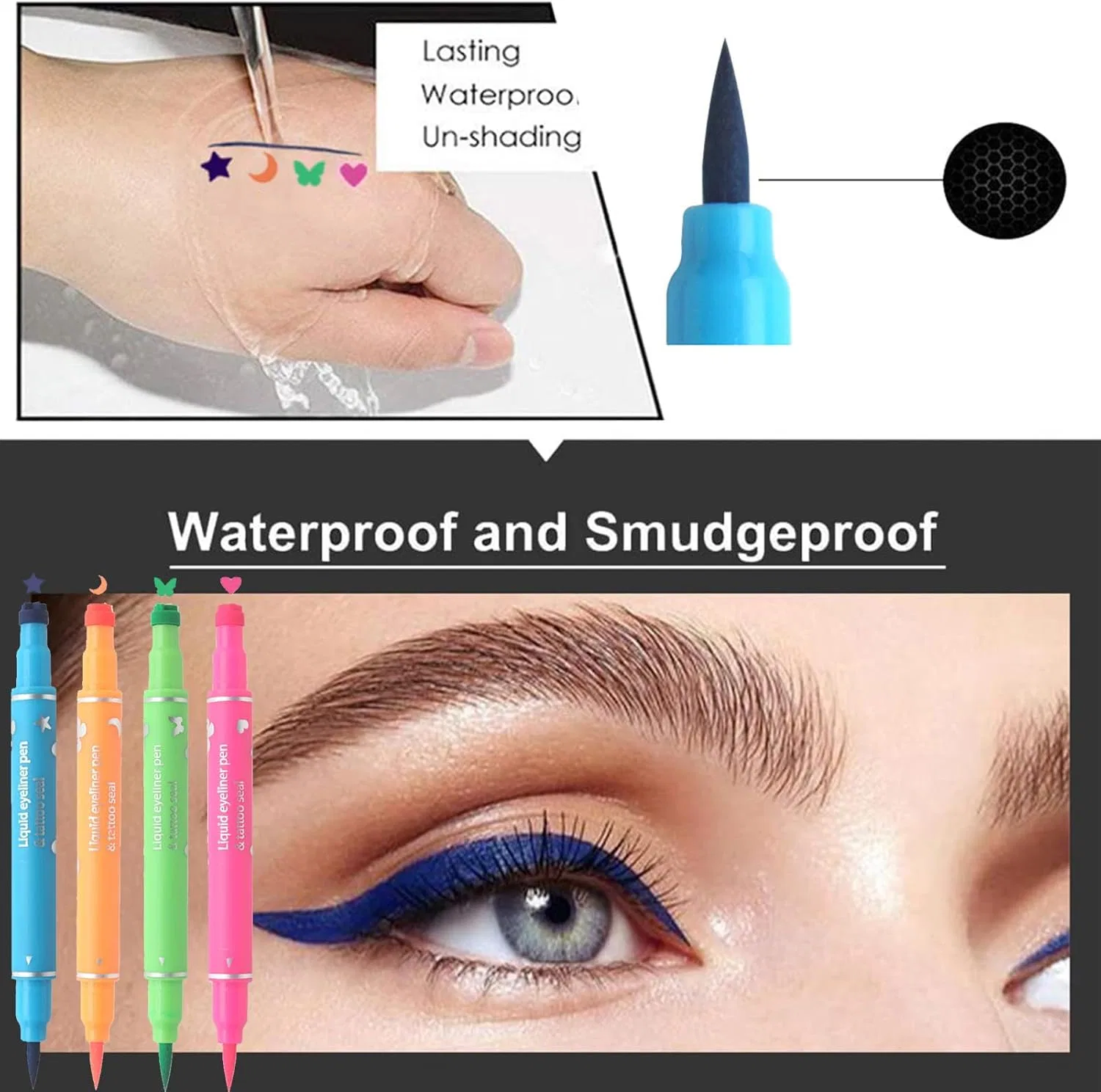 Подводка для глаз Makeup Stamp Liner, двойная, водостойкая, быстросохнущая, с трафаретами звезда, луна, бабочка, сердце, без бренда — фото 4