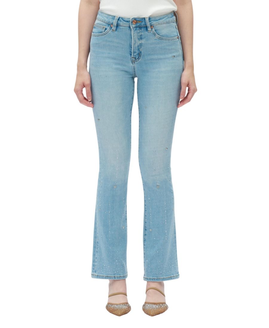 

Женские джинсы-клеш с высокой посадкой, украшенные стразами BAYEAS, Light blue