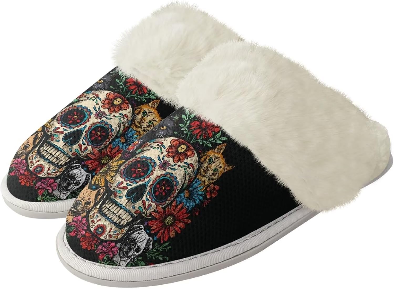 

Женские пушистые тапочки, мужские тапочки-слипоны для зимы, домашние туфли, удобные мягкие тапочки из махровой ткани, с нескользящей резиновой подошвой для ванной и дома Watdotory, Skull Flower Cats Dog