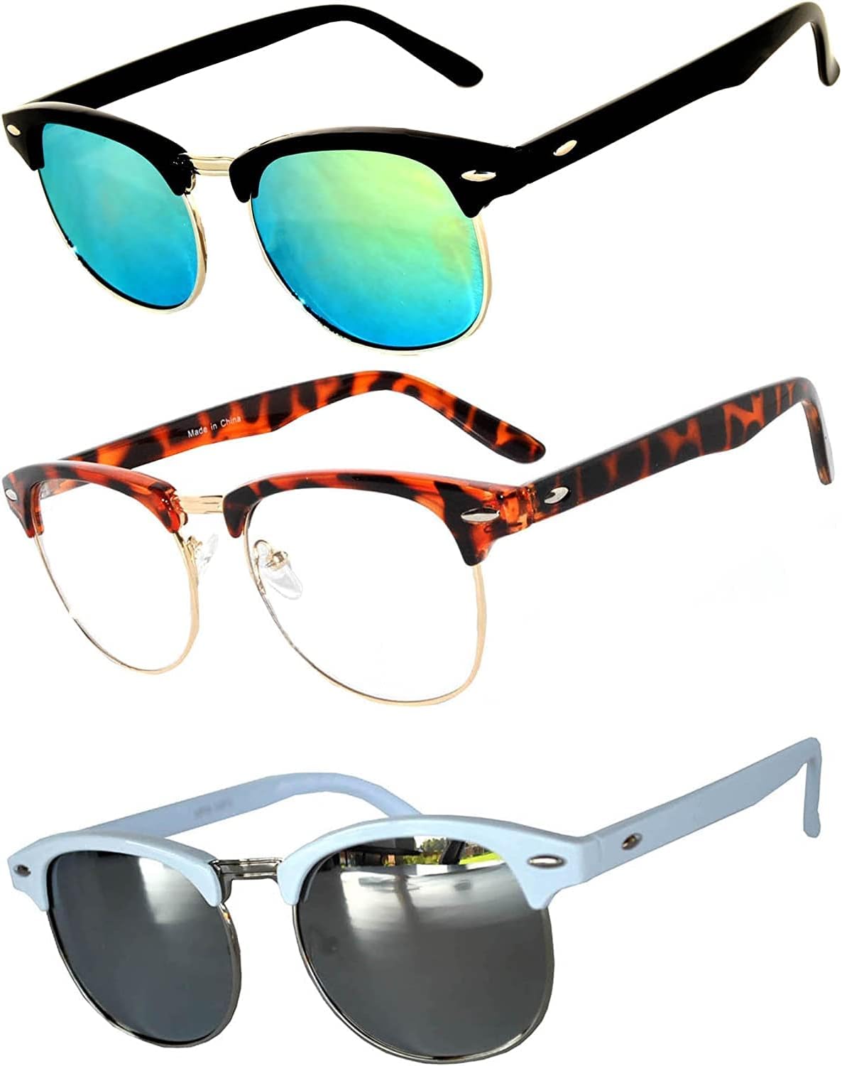 

OWL Набор из 3 полуободковых солнцезащитных очков из металла и пластика для женщин и мужчин, защита от УФ-излучения UV400, дымчатые, тонированные, зеркальные линзы, ретро-стиль, Black/Yellow Mirror, Leopard/Clear, White/Mirror