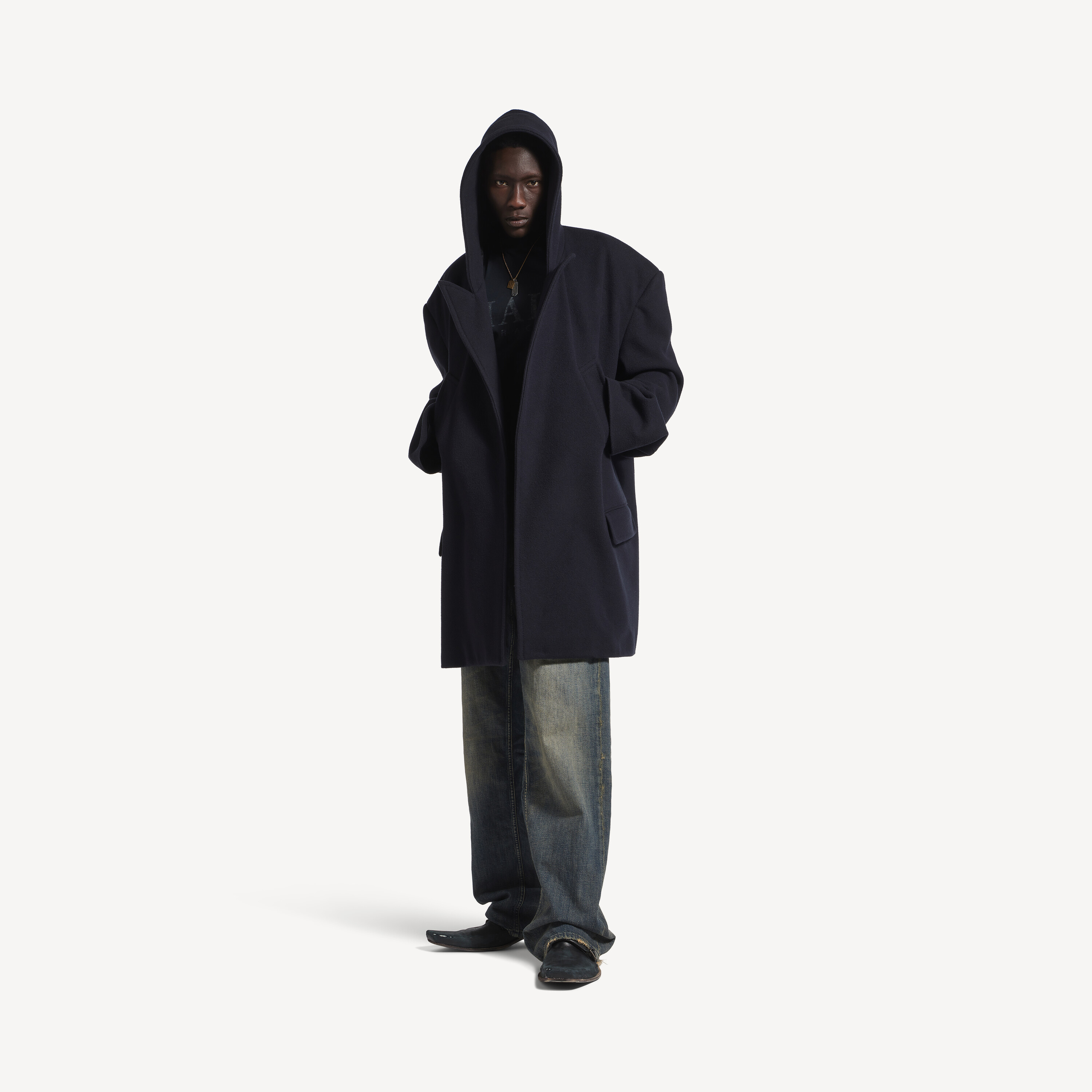 

Мужское укороченное пальто с капюшоном темно-синего цвета BALENCIAGA, темно-синий