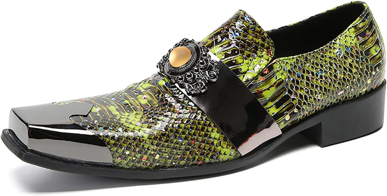 

Мужские слипон-лоферы Santimon - туфли из натуральной кожи с желтыми камнями и металлическим квадратным мысом, для свадьбы, вечеринок, диско и бара