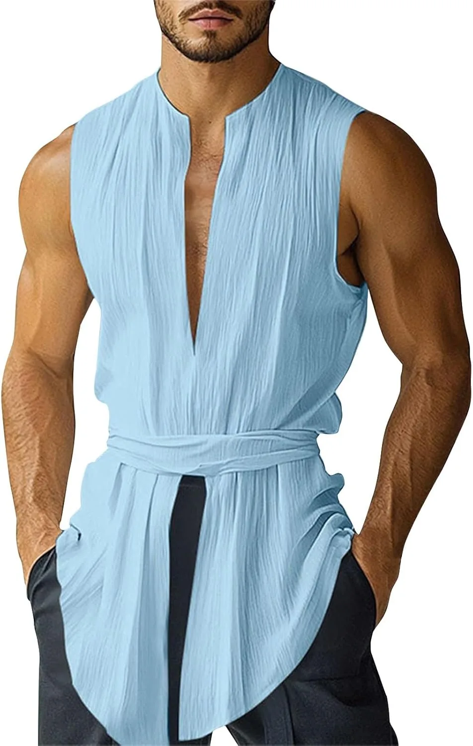 

Мужская безрукавка с поясом и глубоким вырезом