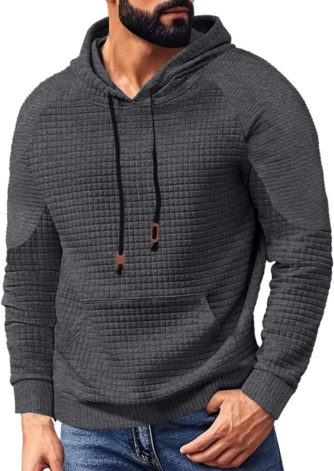 

Мужская повседневная худи с длинным рукавом на шнурке, waffle knit и plaid jacquard, с карманом-кенгуру, мягкая и дышащая CHXLQQX