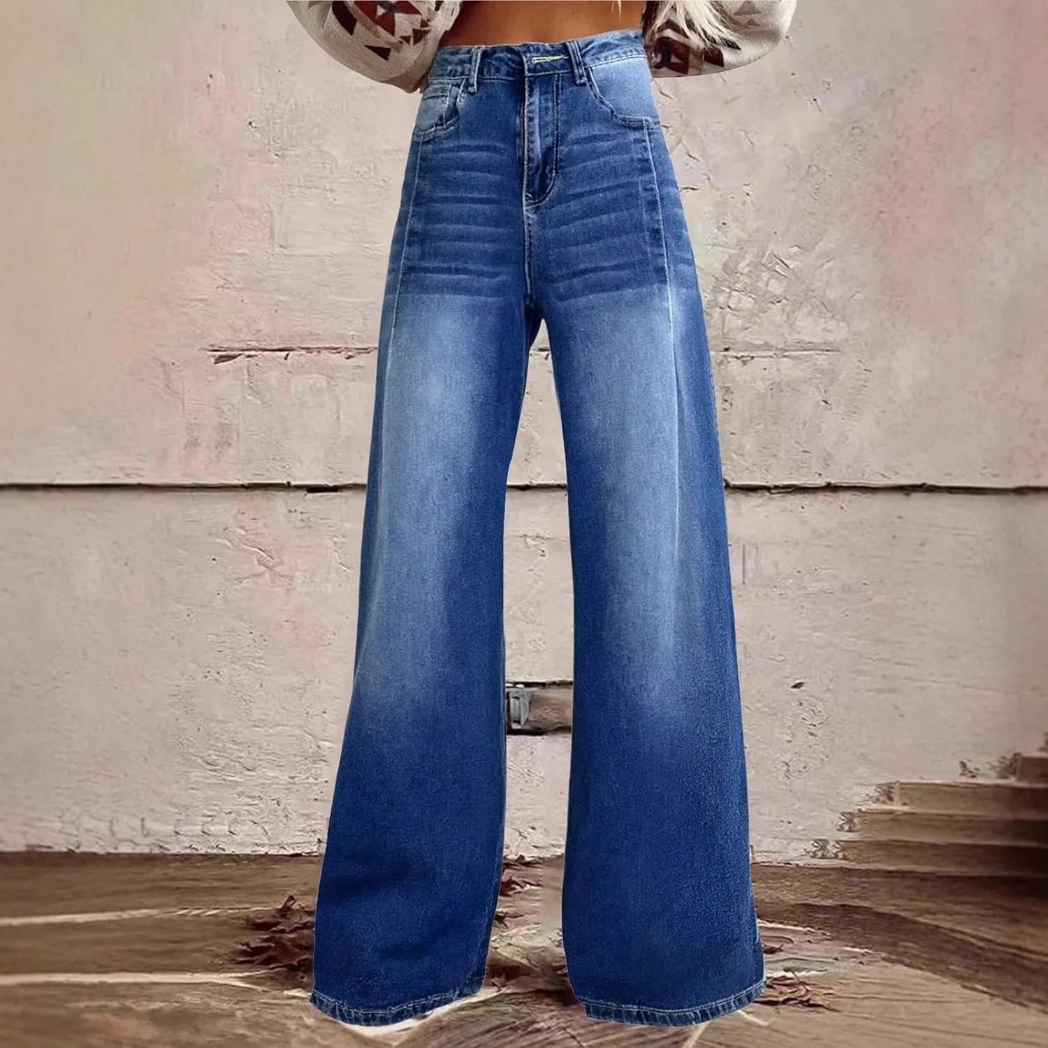 Джинсы расклешенные, Womens Wide Leg Jeans High Waisted, A-dark Blue — фото 2