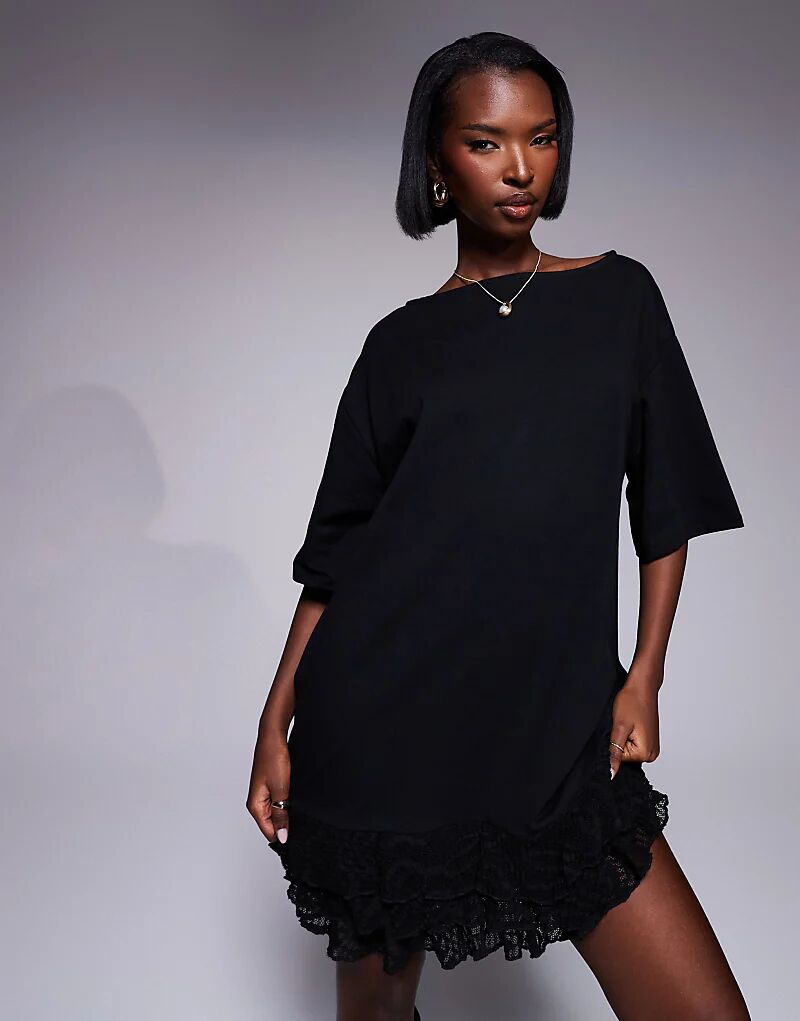 

Черное мини-платье с вырезом-лодочкой и кружевной юбкой ASOS DESIGN