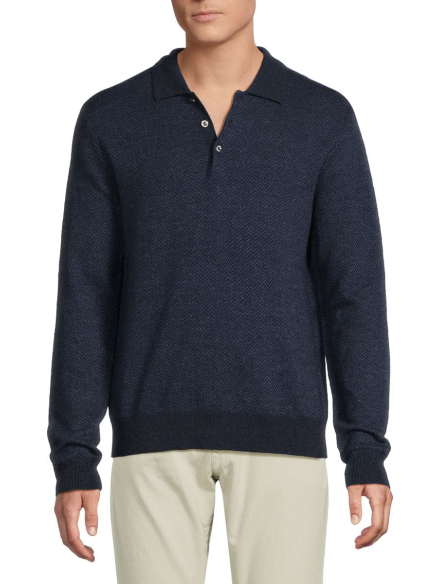 

Свитер-поло с узором ёлочка из кашемира и льна Ralph Lauren, темно-синий