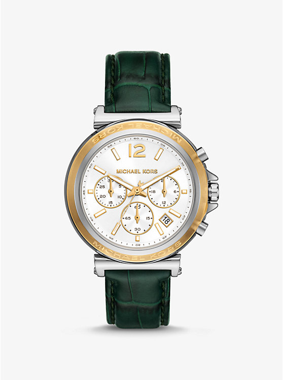 

Крупные часы из серебристой кожи марен и тисненой под крокодила Michael Kors, зеленый