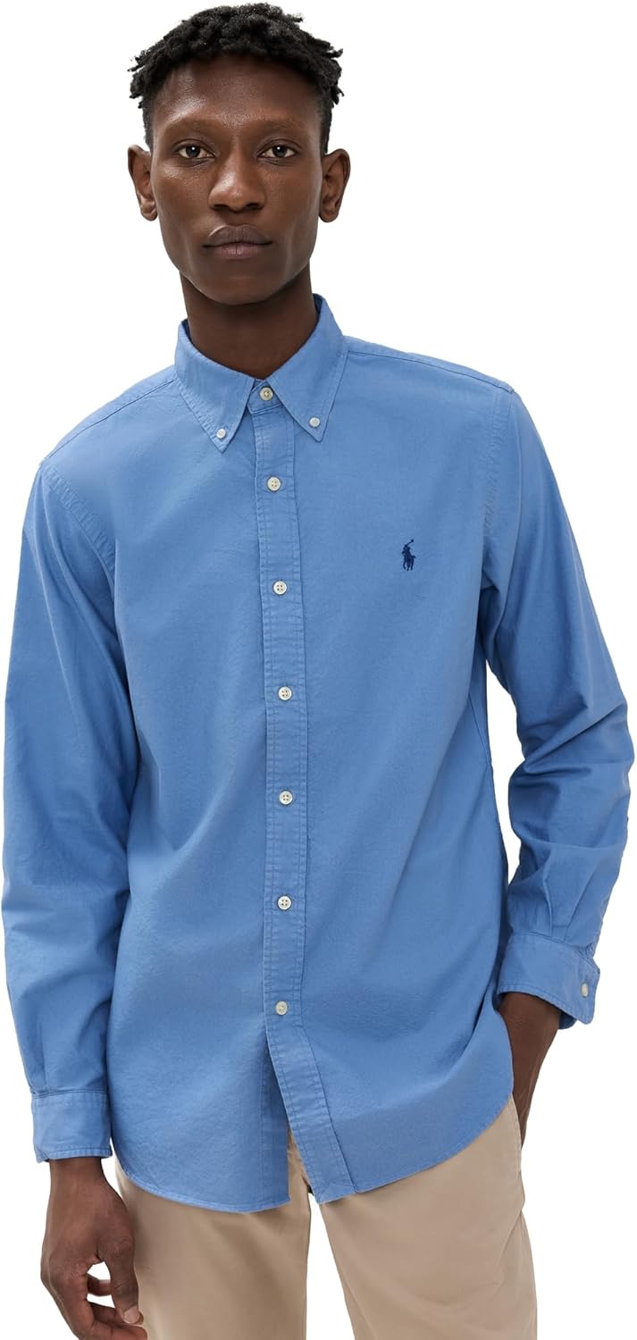 

POLO RALPH LAUREN Мужская классическая клетчатая оксфордская рабочая рубашка с длинным рукавом, Bastille Blue