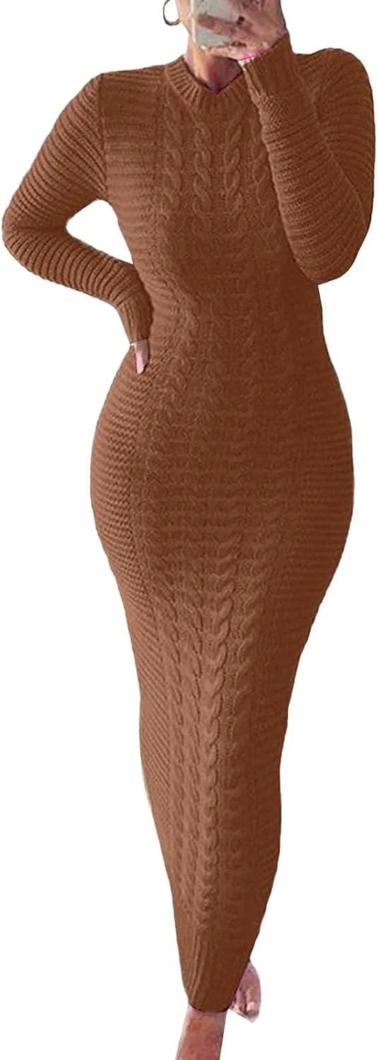 Платье-свитер для женщин Bodycon с длинным рукавом, вязаное резинкой, макси, приталенное Generic, коричневый