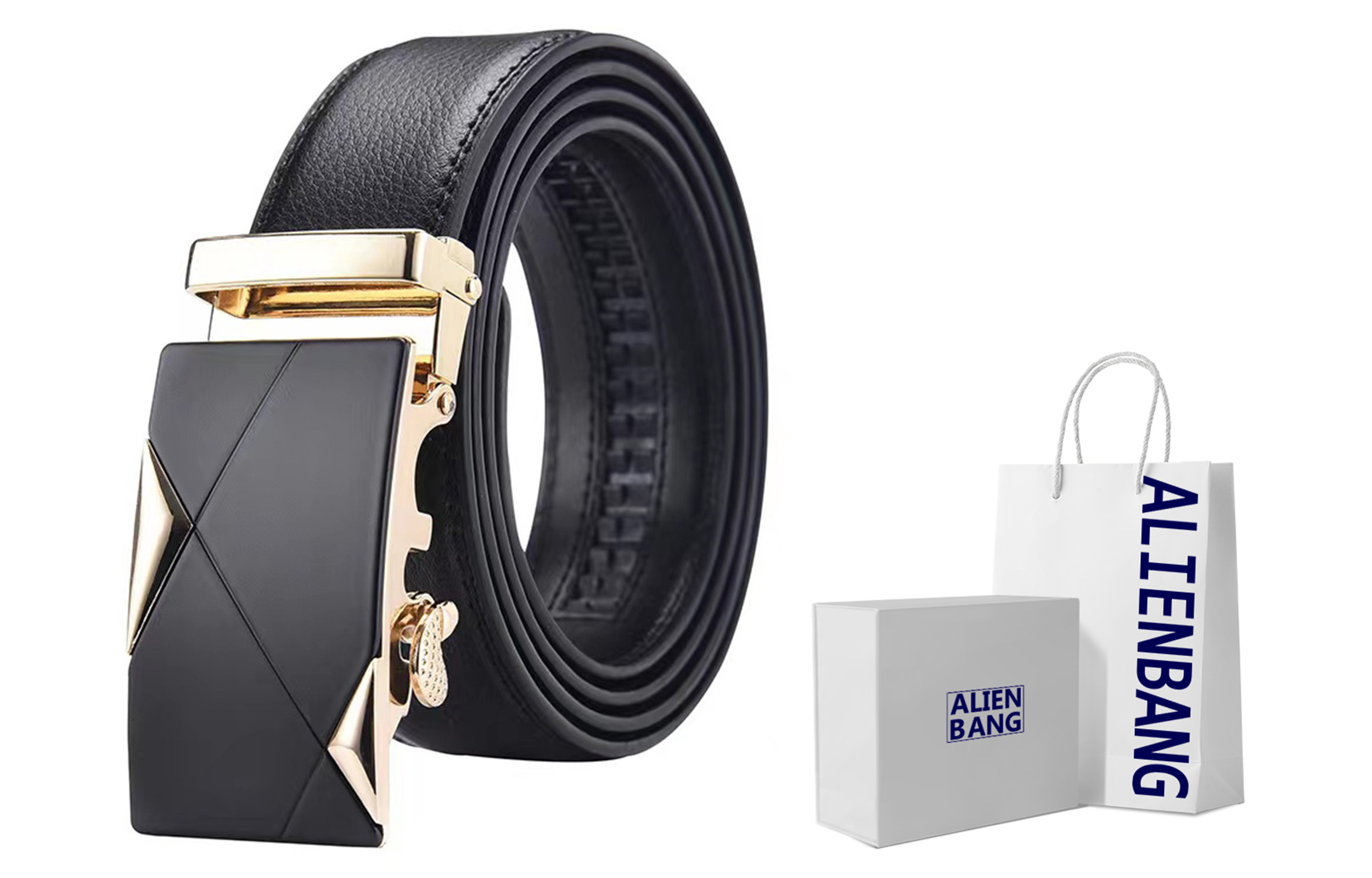

Мужской ремень из коровьей кожи, 3,5 см ALIEN BANG, Black with Silver Buckle, Starry Box