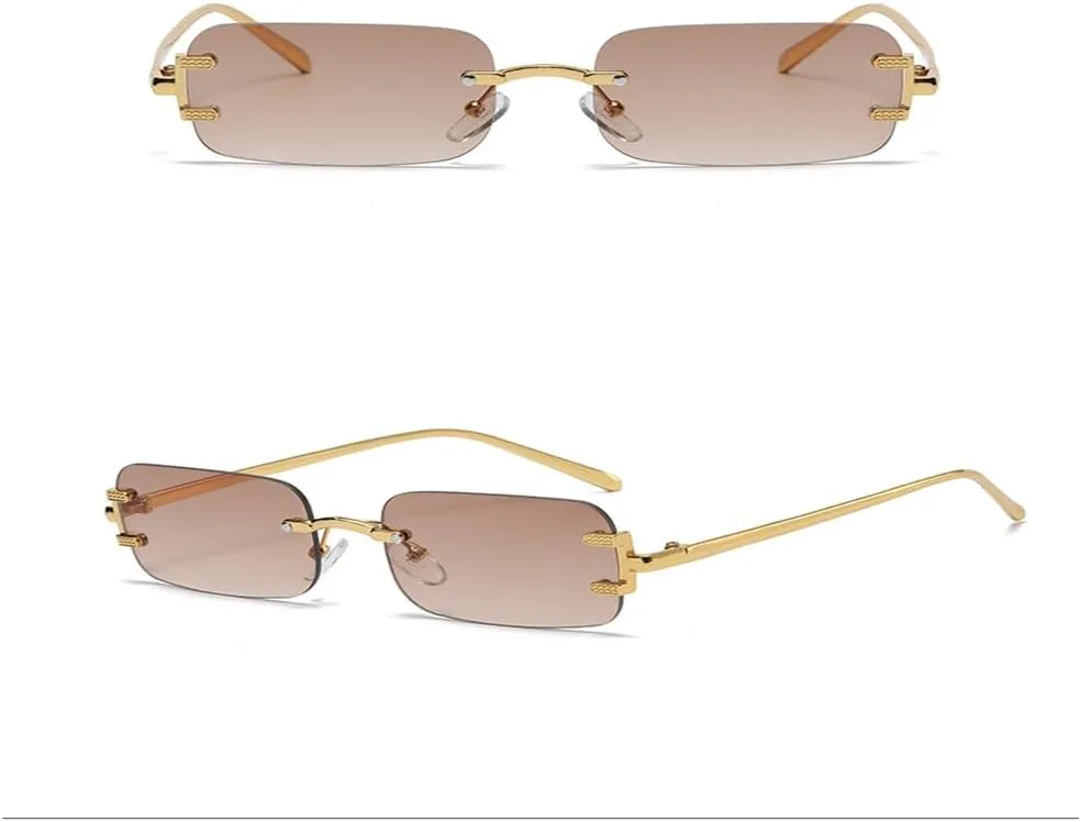 

Солнцезащитные очки без оправы, прямоугольные, в винтажном стиле, с металлическими оправами, модные женские солнцезащитные очки без оправы с тонировкой KTUCN, Brown