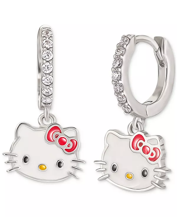 

Серьги-Кольца Hello Kitty с кубическим цирконием и эмалью из стерлингового серебра Macy'S, silver
