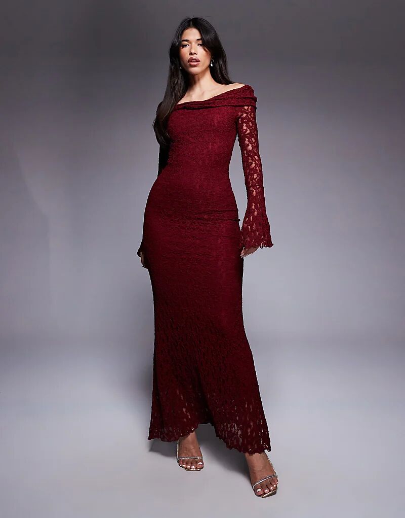 

Платье макси с фактурным кружевом и вырезом лодочкой ASOS DESIGN темно-вишневого цвета