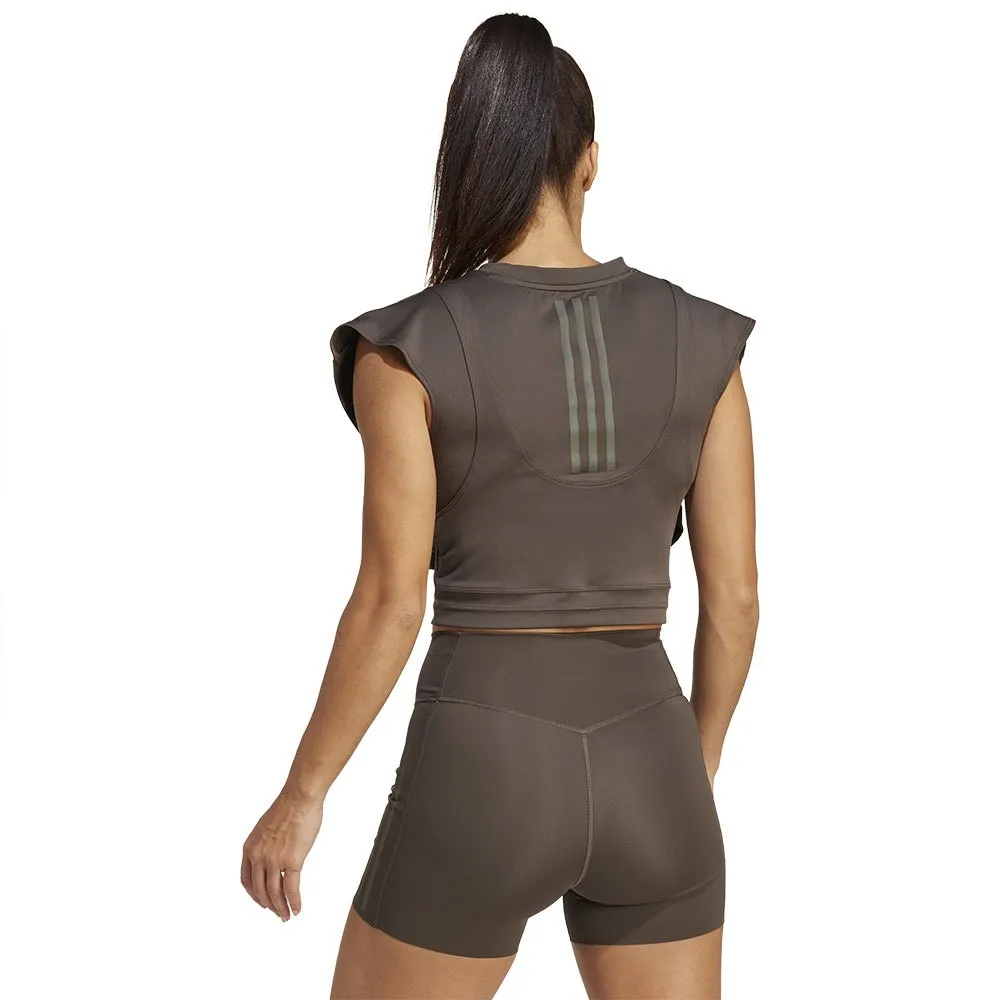 Спортивный топ adidas Power Boxy French Terry 3 Stripes tank, коричневый — фото 2