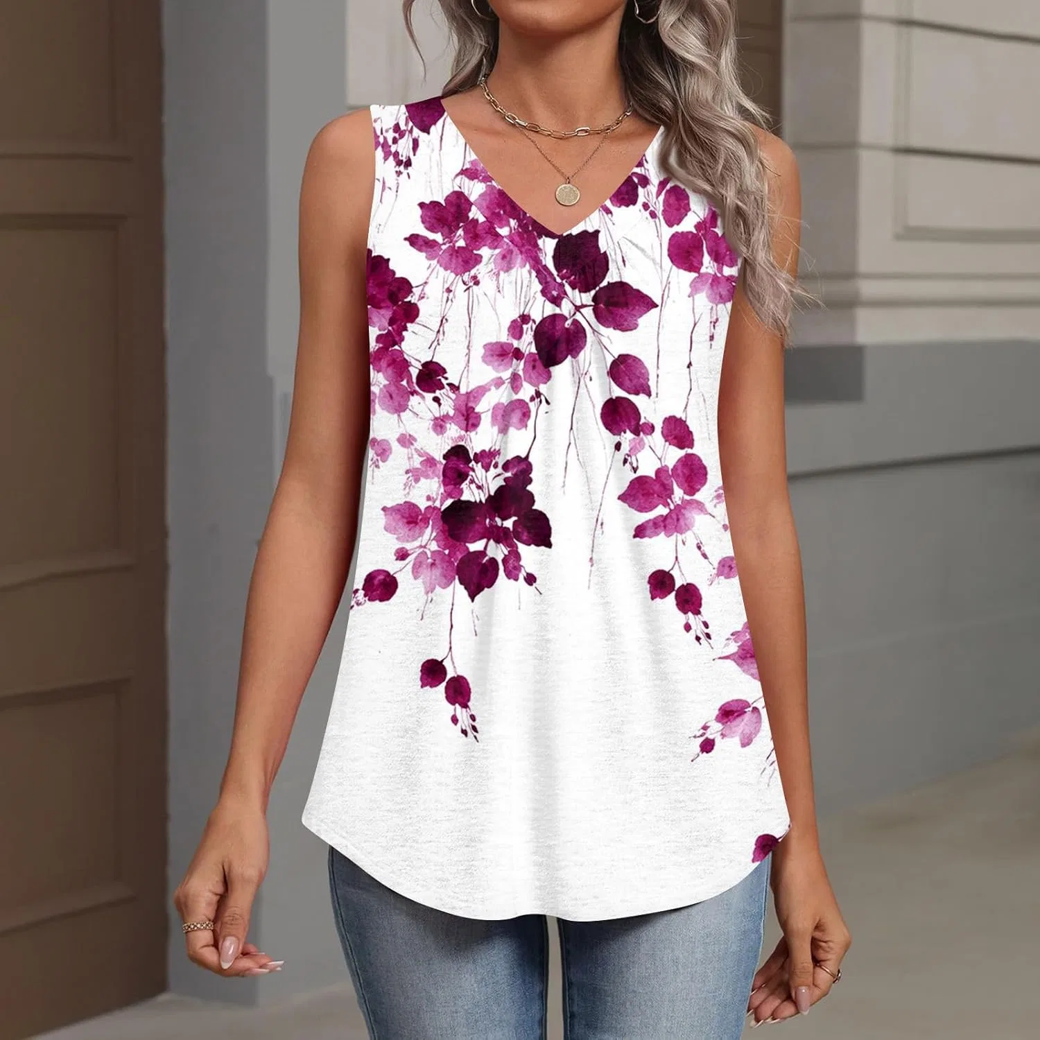 Женский топ майка V-образный вырез, мягкий, легкий, без рукавов, Polyester+Rayon+Spandex, 1-purple — фото 2