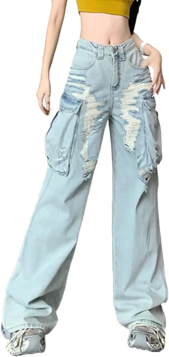 

Женские джинсовые карго-штаны с высокой талией и широкими штанинами Glkaend