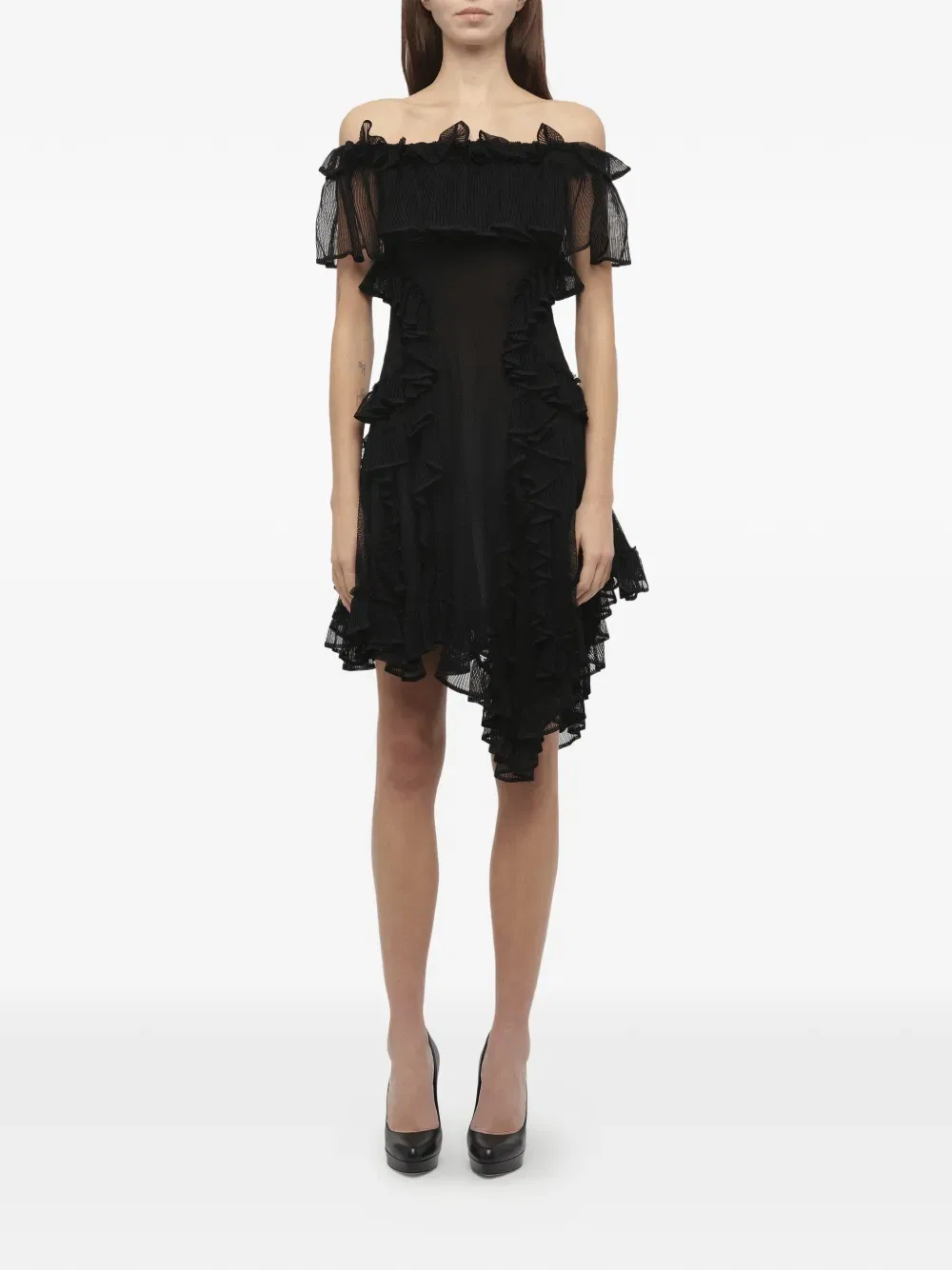 Асимметричное платье с оборками и открытыми плечами Alexander Mcqueen, черный — фото 2