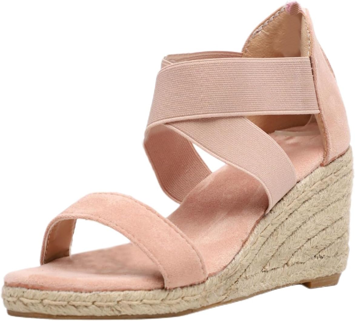 

Женские сандалии на танкетке с перекрестным ремешком на щиколотке, эспадрильи на платформе, летние повседневные и нарядные туфли, пляжные дышащие сандалии на танкетке, удобные для ношения весь день Generic, розовый