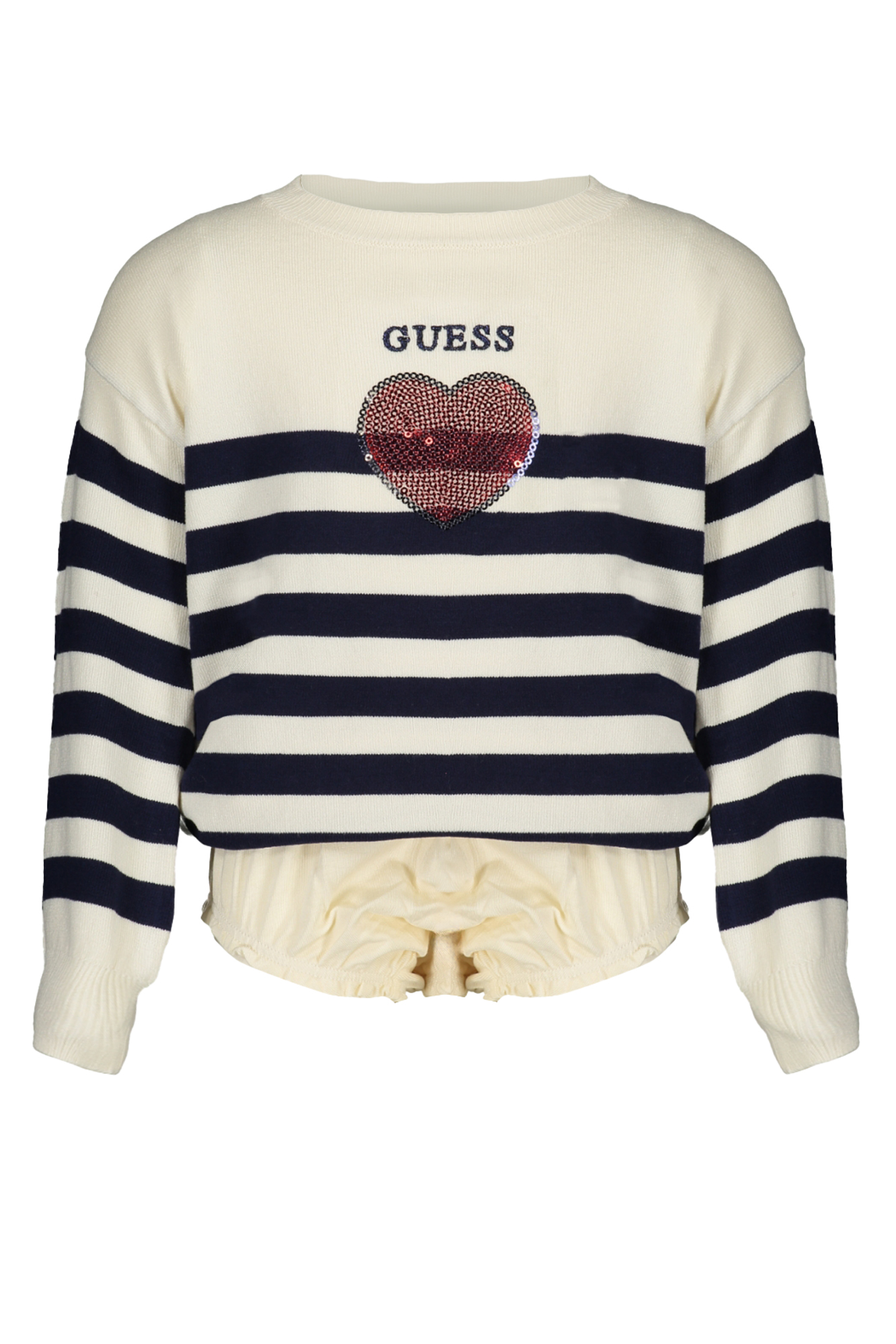 

Свитер для девочек Guess Jeans в полоску с пайетками, бело-синий
