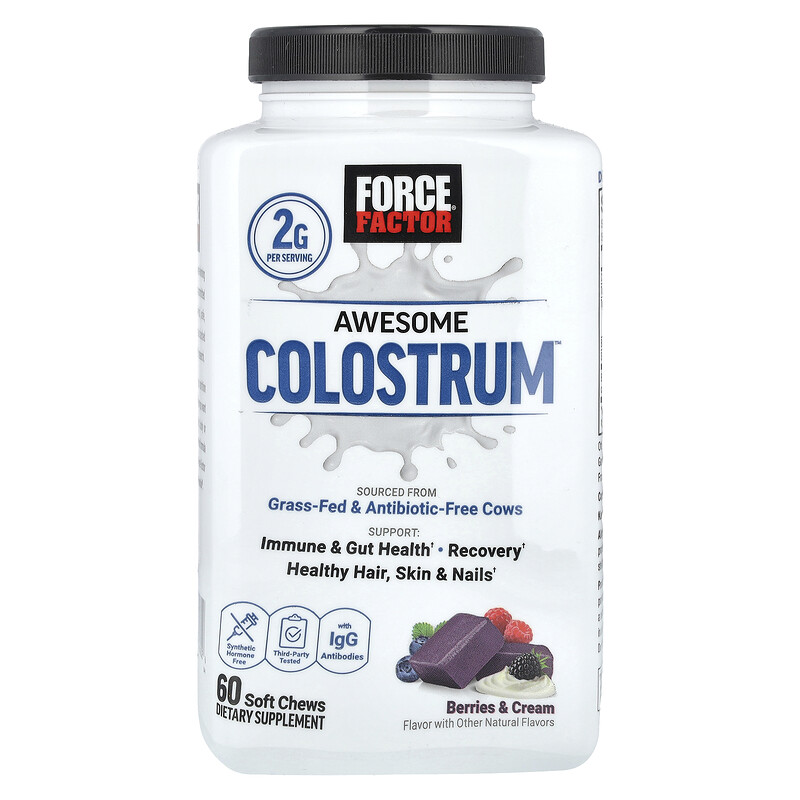 

Force Factor, Awesome Colostrum , ягоды и сливки, 60 жевательных таблеток